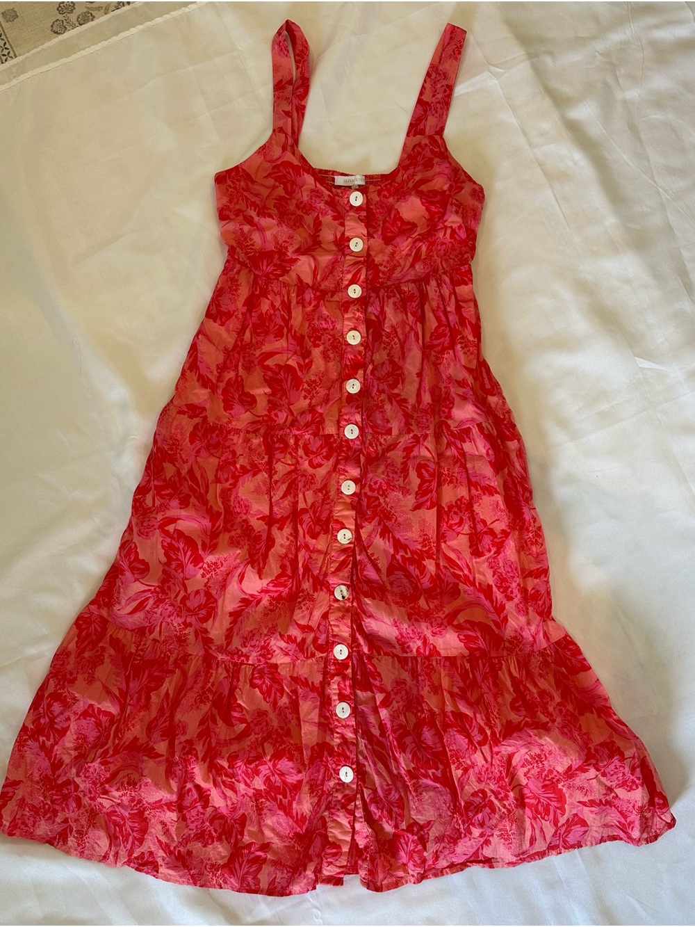 Olivaceous Red Floral Midi Dress with Button Front